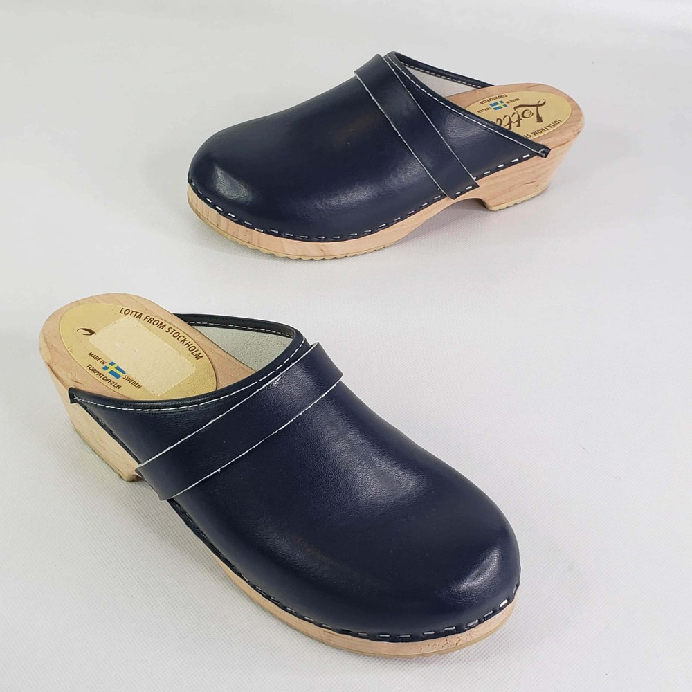Lotta from Stockholm Clogs Women 39 US 8 Navy Blue Leather Wood Swedish Classic